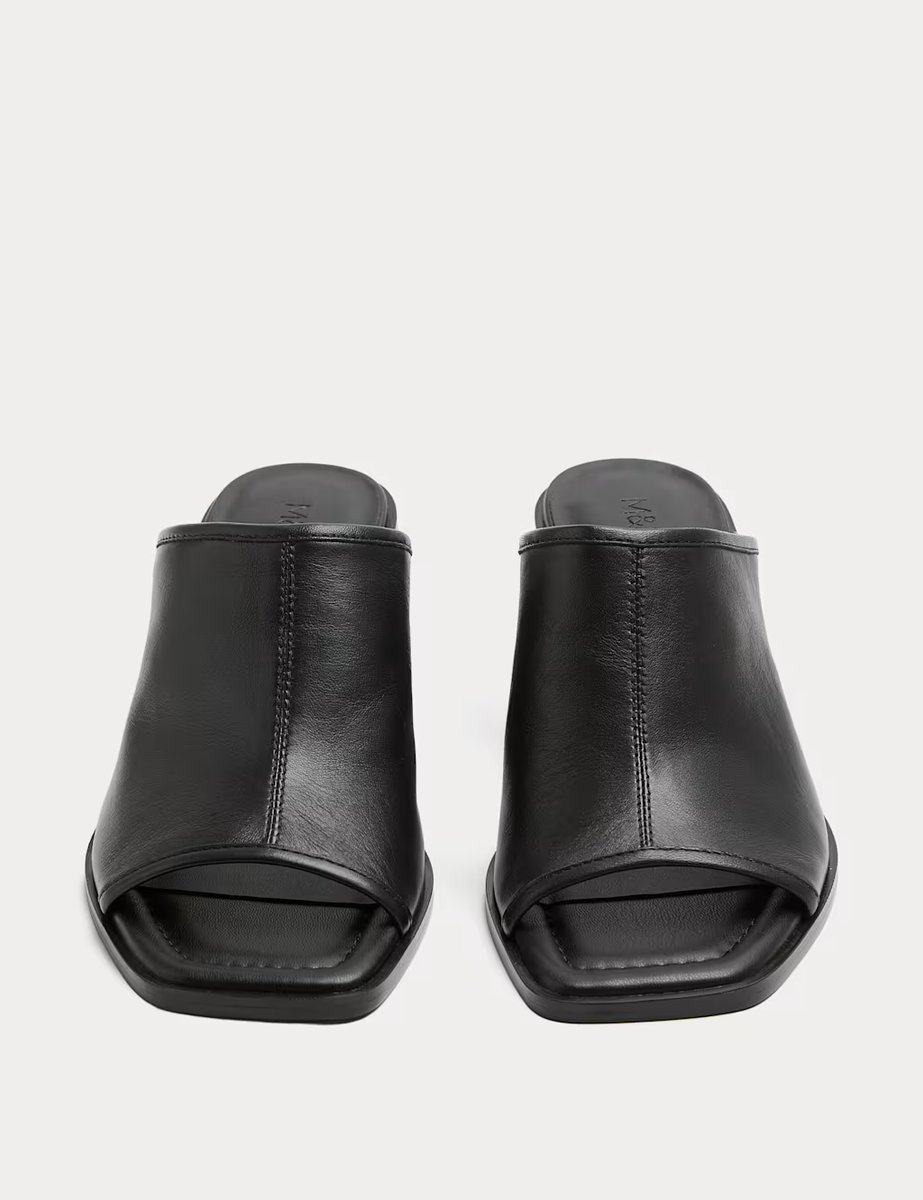 Marks & Spencer M&S Leather Block Heel Peep Toe Mules Black - 2