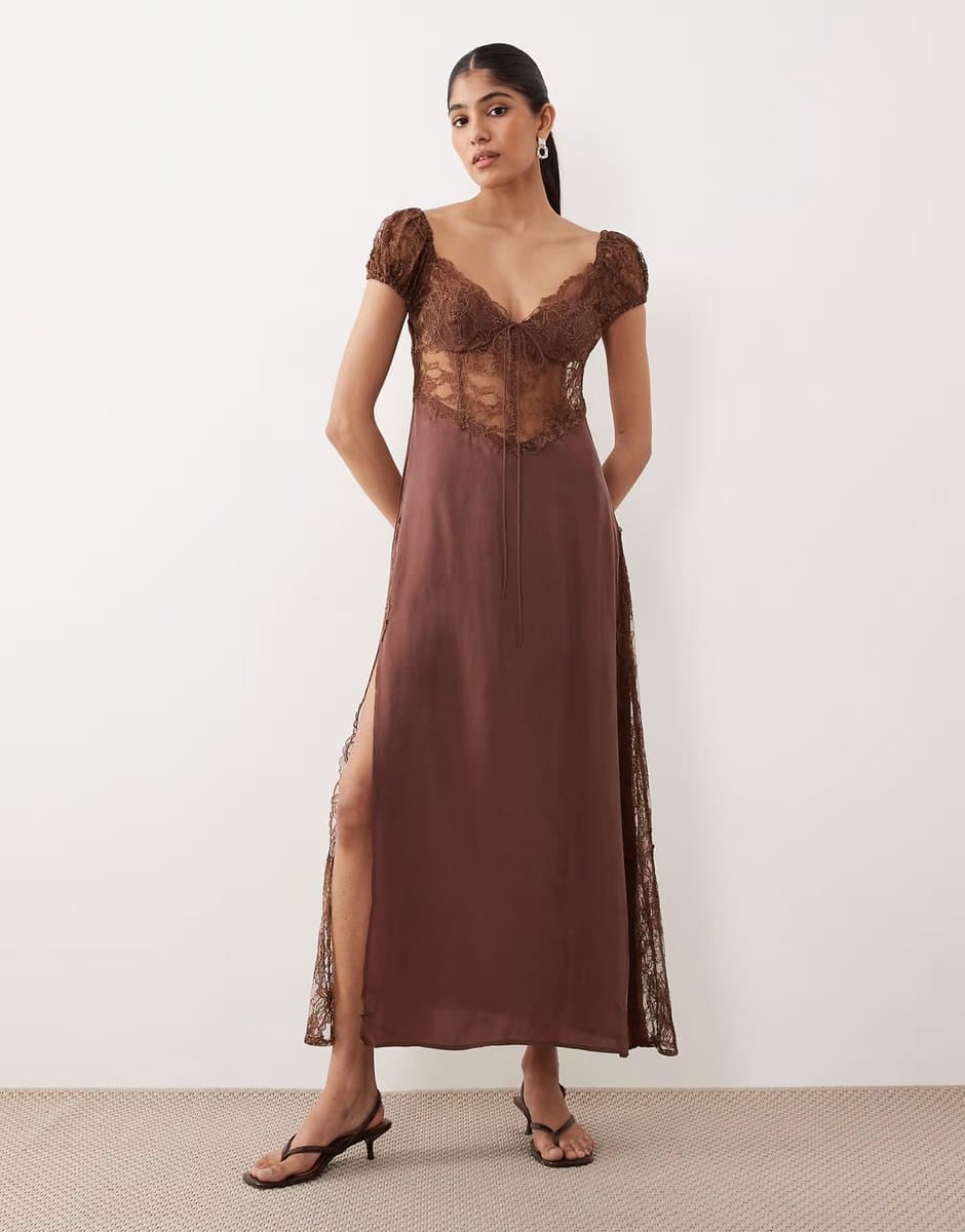 ASOS For Love & Lemons Casey chiffon and lace open back maxi dress in chocolate