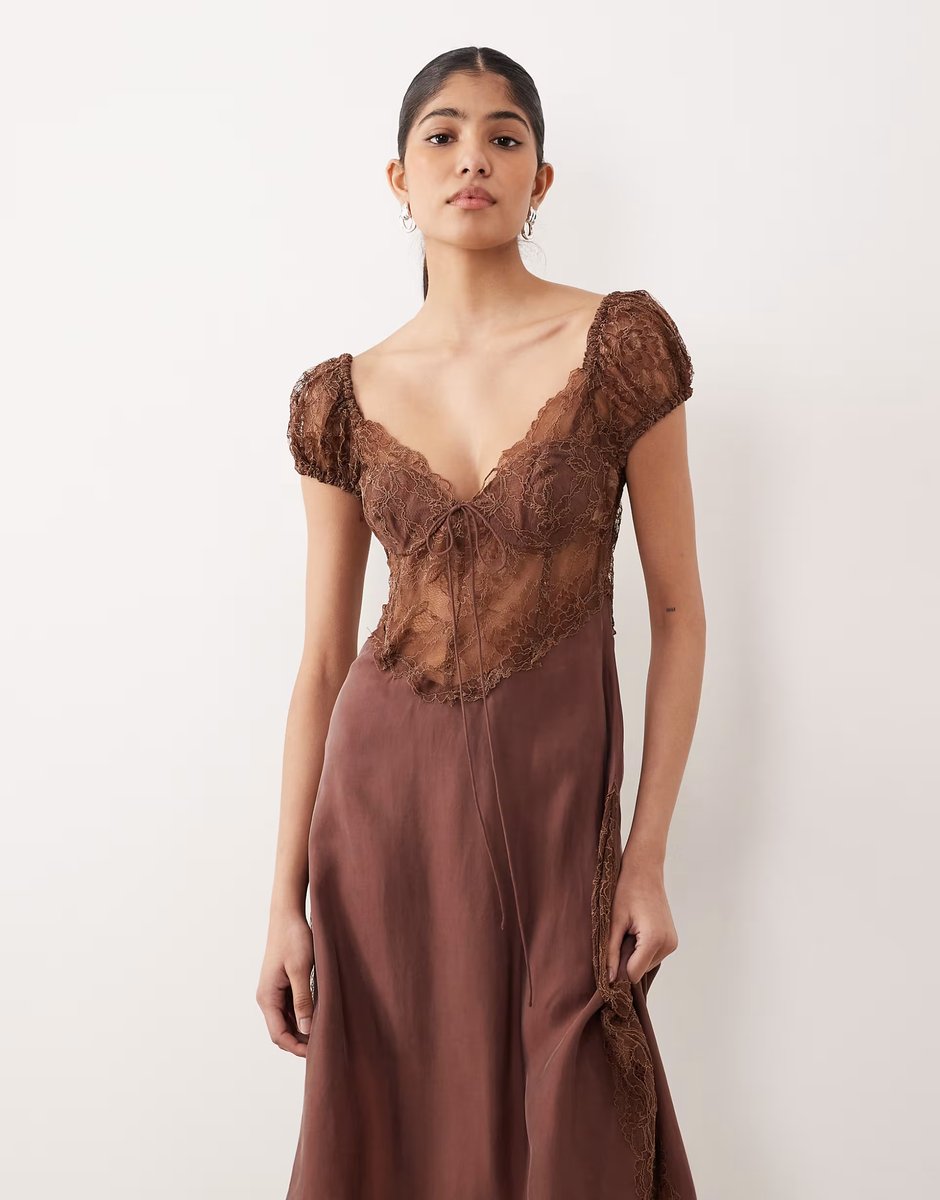 ASOS For Love & Lemons Casey chiffon and lace open back maxi dress in chocolate - 3