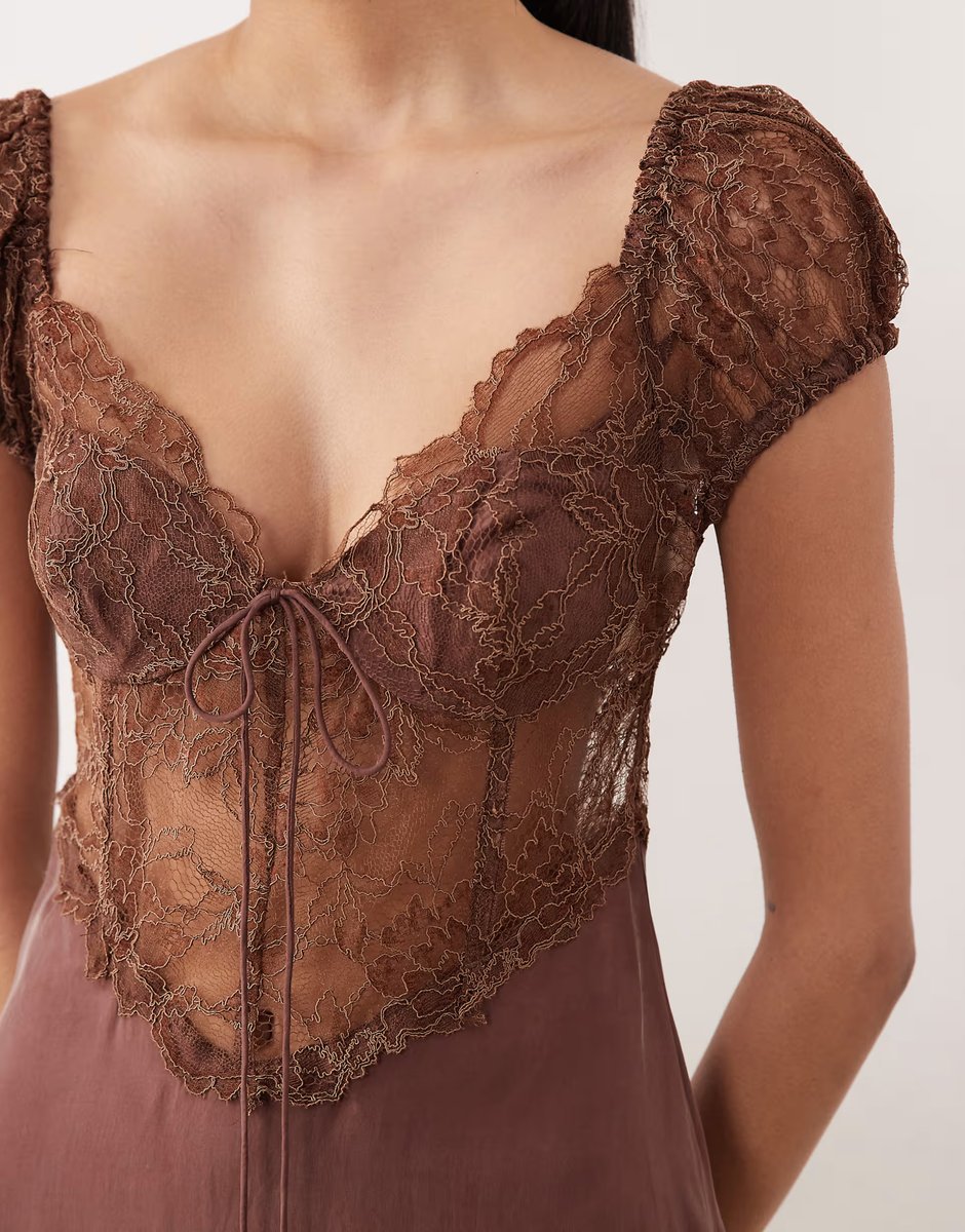 ASOS For Love & Lemons Casey chiffon and lace open back maxi dress in chocolate - 4