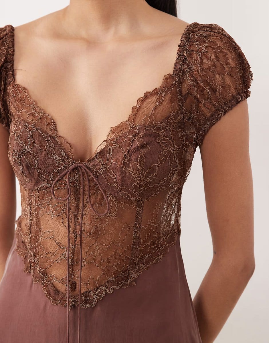ASOS For Love & Lemons Casey chiffon and lace open back maxi dress in chocolate - 4