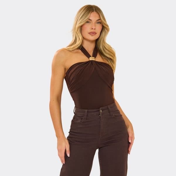 EGO Halterneck Gold Trim Detail Bodysuit In Chocolate Brown Slinky, Women's Size UK 6