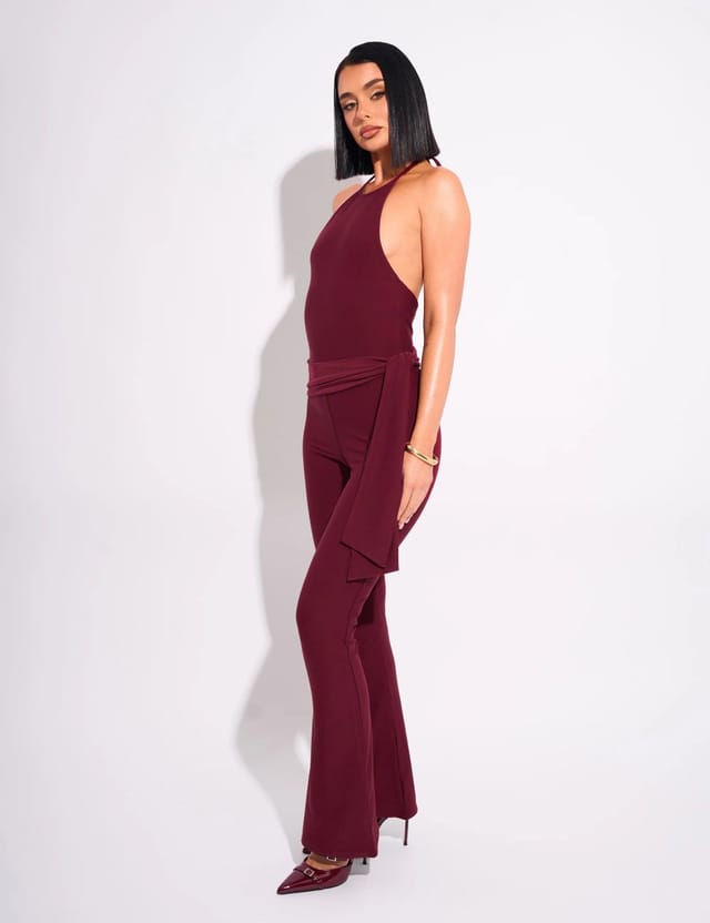 Public Desire Tie Back Luxe Slinky Jumpsuit Burgundy - 2
