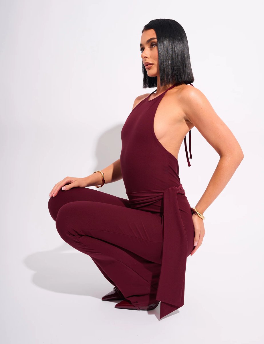 Public Desire Tie Back Luxe Slinky Jumpsuit Burgundy - 4