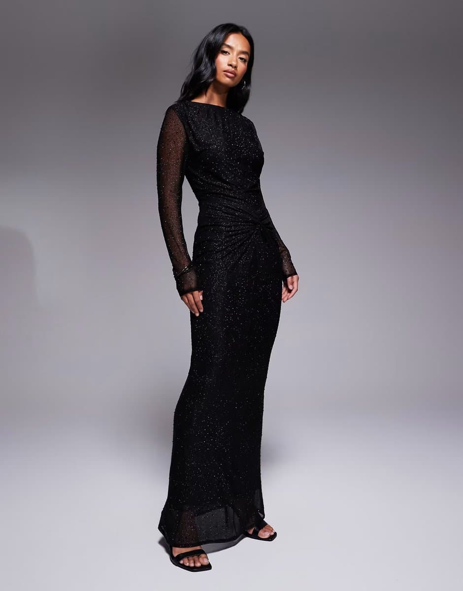 ASOS Jaded Rose Petite hotfix slinky maxi dress with knot detail in black