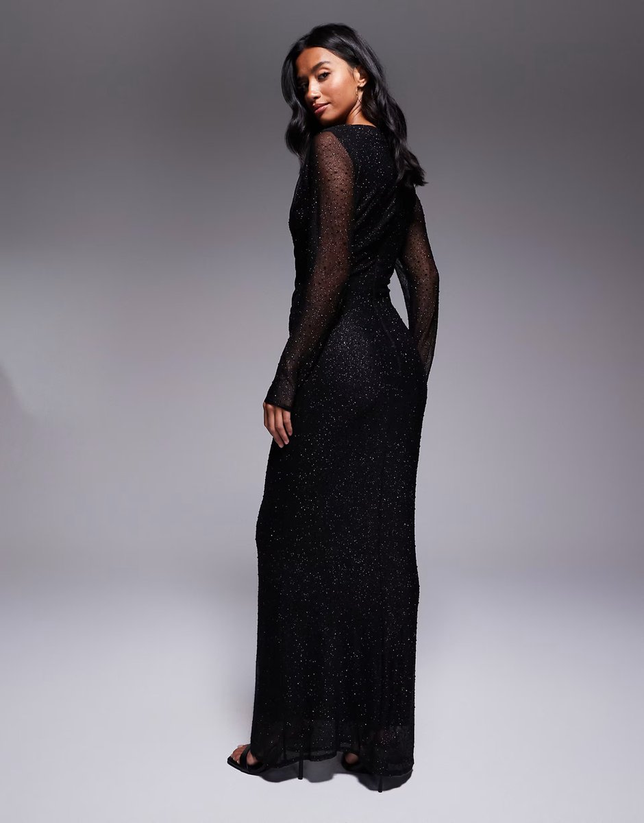 ASOS Jaded Rose Petite hotfix slinky maxi dress with knot detail in black - 3