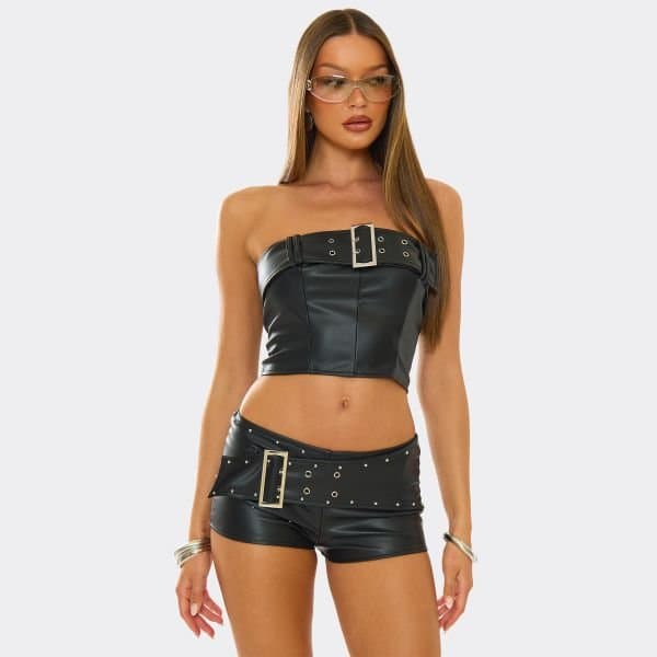 EGO Bandeau Belt Detail Crop Top In Black Faux Leather, Women's Size UK 6