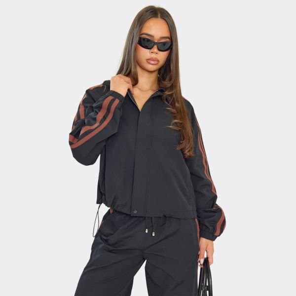 EGO Long Sleeve Contrast Stripe Toggle Hem Detail Collared Jacket In Black Shell, Women's Size UK 6