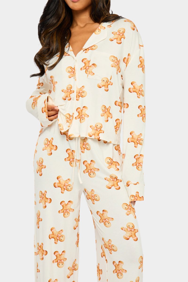 Kaiia Kaiia Supersoft Gingerbread Slouchy Pyjama Trousers Cream & Brown - 2