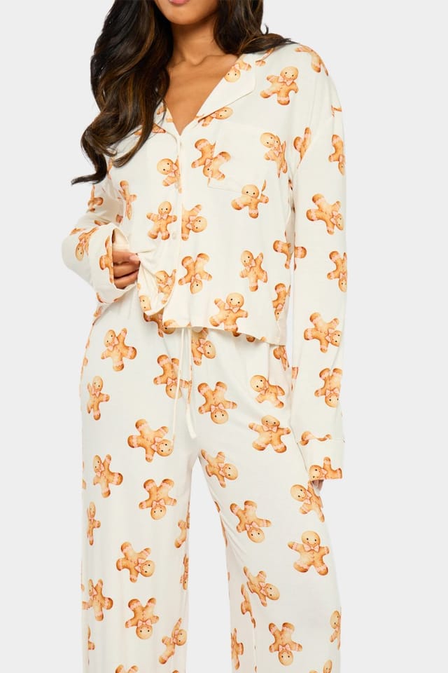 Kaiia Kaiia Supersoft Gingerbread Slouchy Pyjama Trousers Cream & Brown - 2