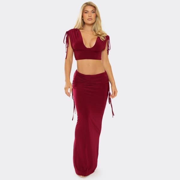 EGO Low Waist Ruched Side Detail Maxi Skirt In Burgundy, Women's Size UK 6