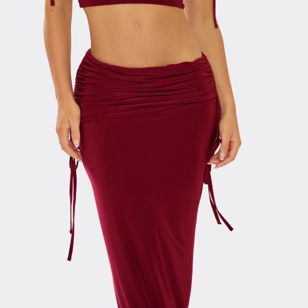 EGO Low Waist Ruched Side Detail Maxi Skirt In Burgundy, Women's Size UK 6 - 2