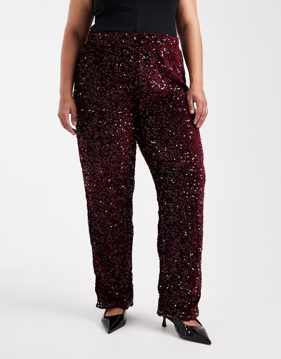 ASOS Pieces Curve wide leg velour sequin trousers in burgundy - 3