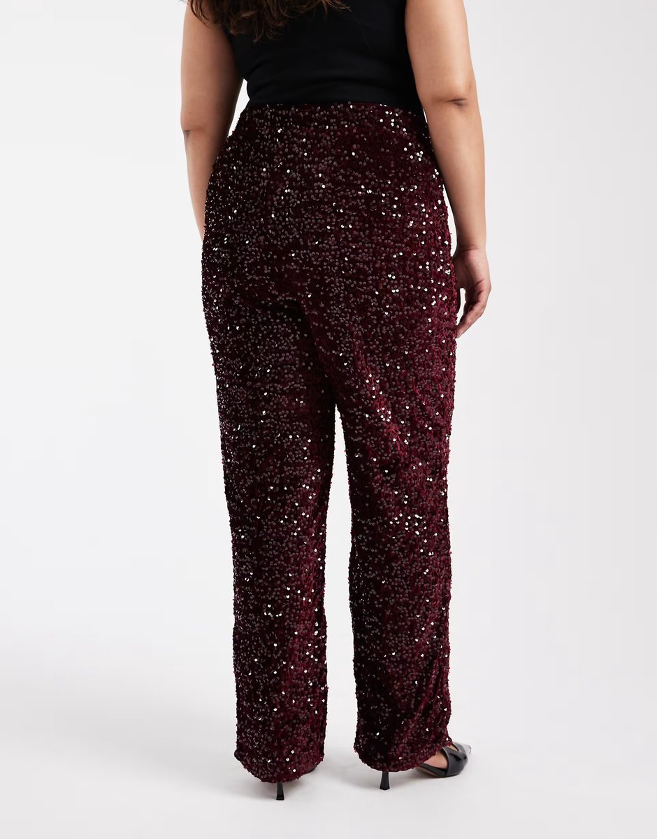 ASOS Pieces Curve wide leg velour sequin trousers in burgundy - 4