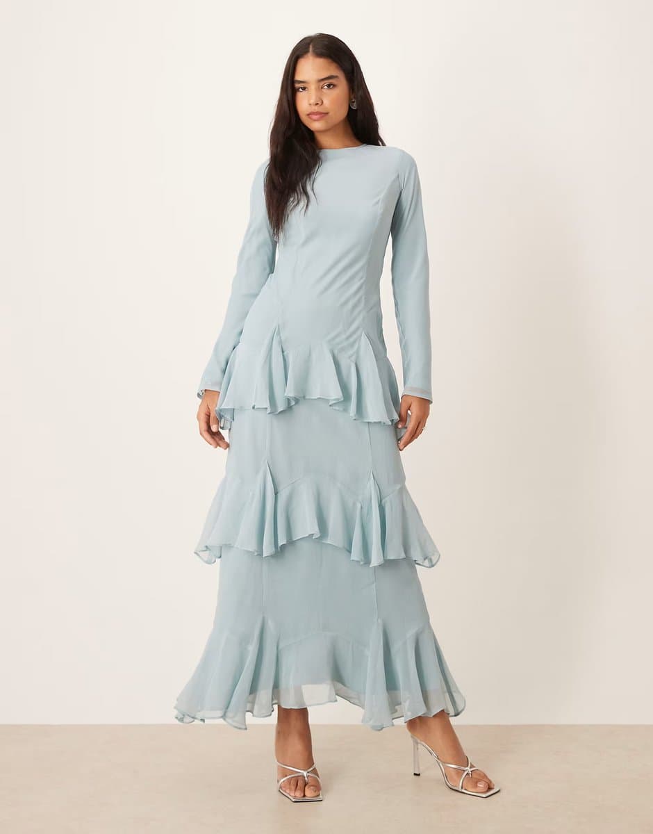 ASOS ASOS DESIGN long sleeve ruffle chiffon maxi dress in dusky blue