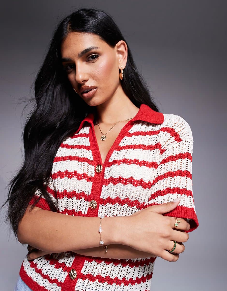 ASOS River Island striped crochet shirt in red