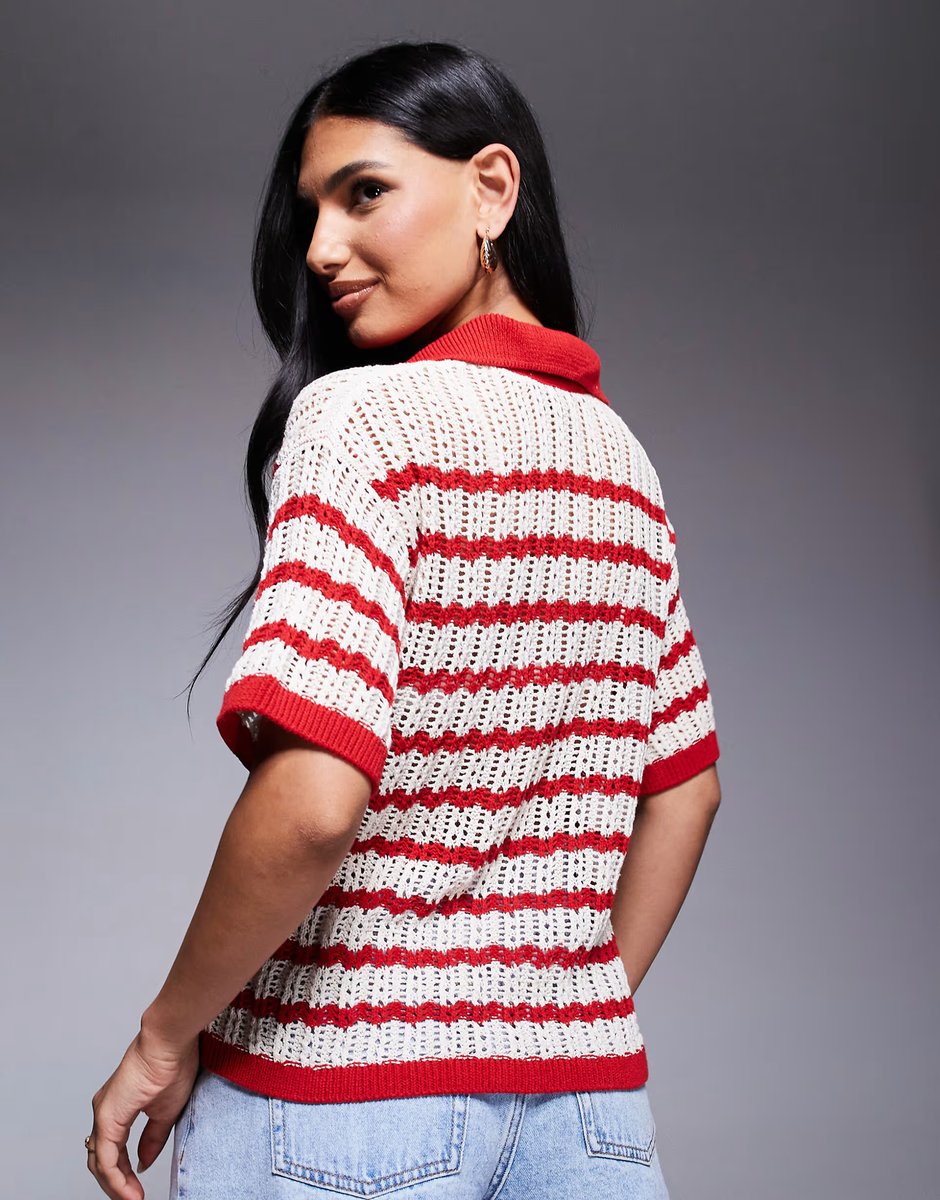 ASOS River Island striped crochet shirt in red - 4