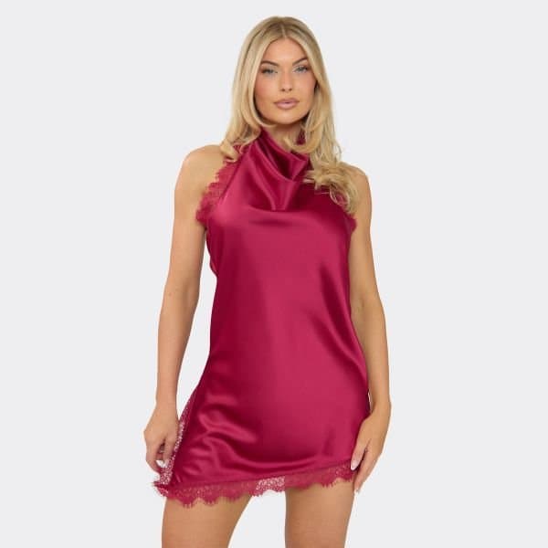 EGO Cowl High Neck Lace Trim Asymmetric Hem Detail Mini Dress In Burgundy Satin, Women's Size UK 6