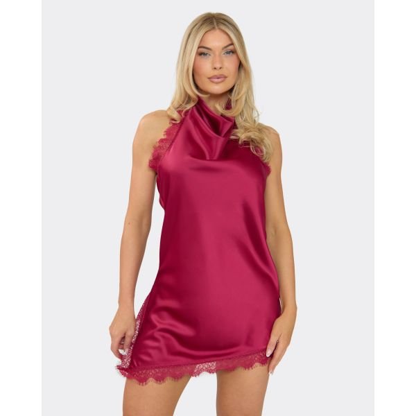 EGO Cowl High Neck Lace Trim Asymmetric Hem Detail Mini Dress In Burgundy Satin, Women's Size UK 6 - 2