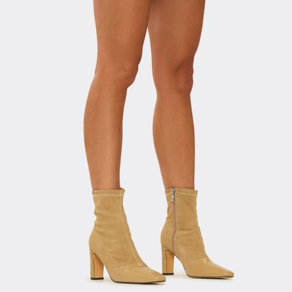 EGO Ryan Pointed Toe Block Heel Ankle Sock Boot In Beige Faux Suede, Women's Size UK 3