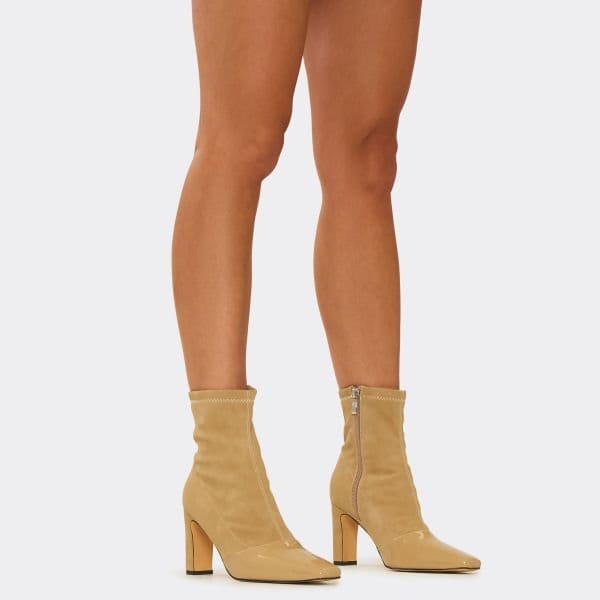 EGO Ryan Pointed Toe Block Heel Ankle Sock Boot In Beige Faux Suede, Women's Size UK 3 - 1