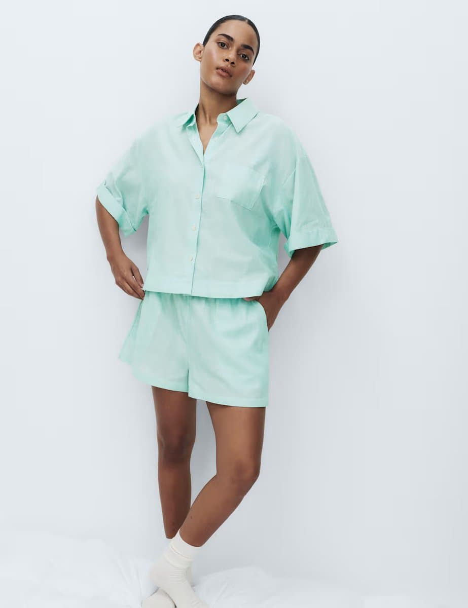 Marks & Spencer M&S Pure Cotton Striped Shortie Pyjama Set Green Mix