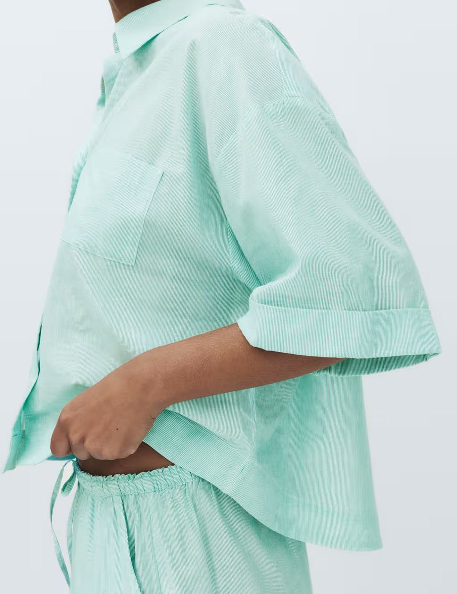 Marks & Spencer M&S Pure Cotton Striped Shortie Pyjama Set Green Mix - 2