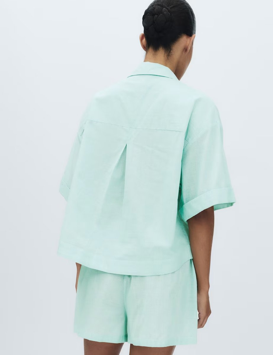 Marks & Spencer M&S Pure Cotton Striped Shortie Pyjama Set Green Mix - 3