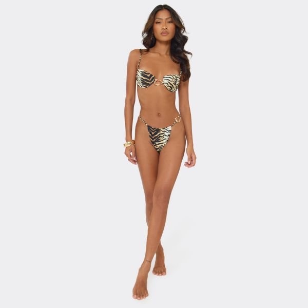 EGO Strappy Hammered Abstract Trim Detail Underwired Bikini Set In Multi Tiger Print, Women's Size UK 6 - 2