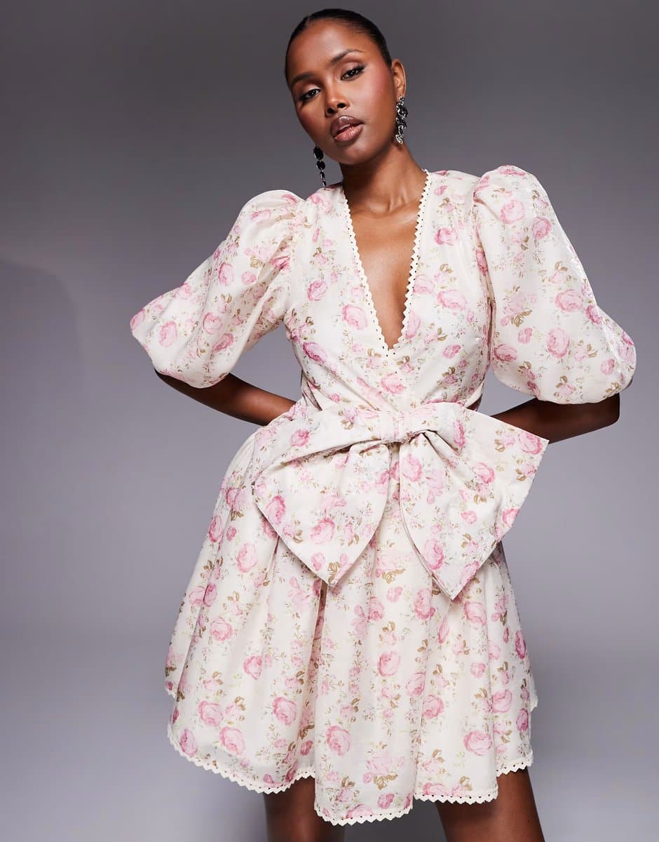 ASOS ASOS LUXE jacquard puff sleeve mini dress with bow  detail in floral print