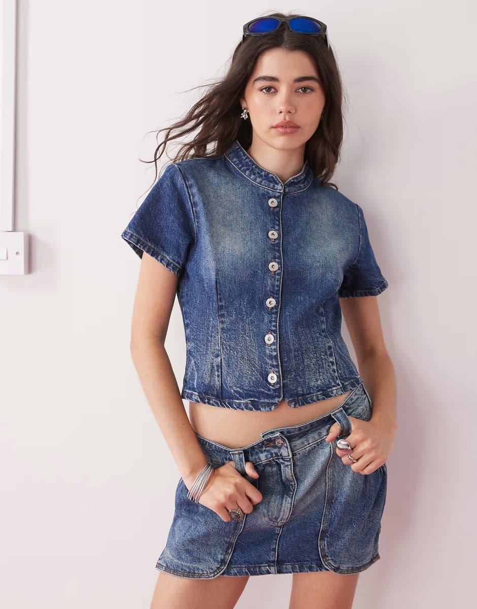 ASOS COLLUSION festival denim button through shirt co ord in vintage wash 