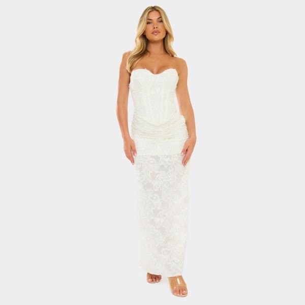 EGO Mid Rise Fold Over Detail Maxi Skirt In Cream Textured Lace, Women's Size UK 6