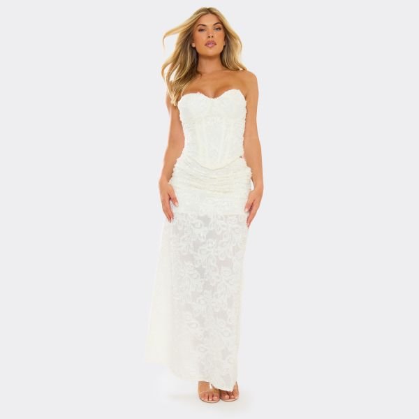 EGO Mid Rise Fold Over Detail Maxi Skirt In Cream Textured Lace, Women's Size UK 6 - 2