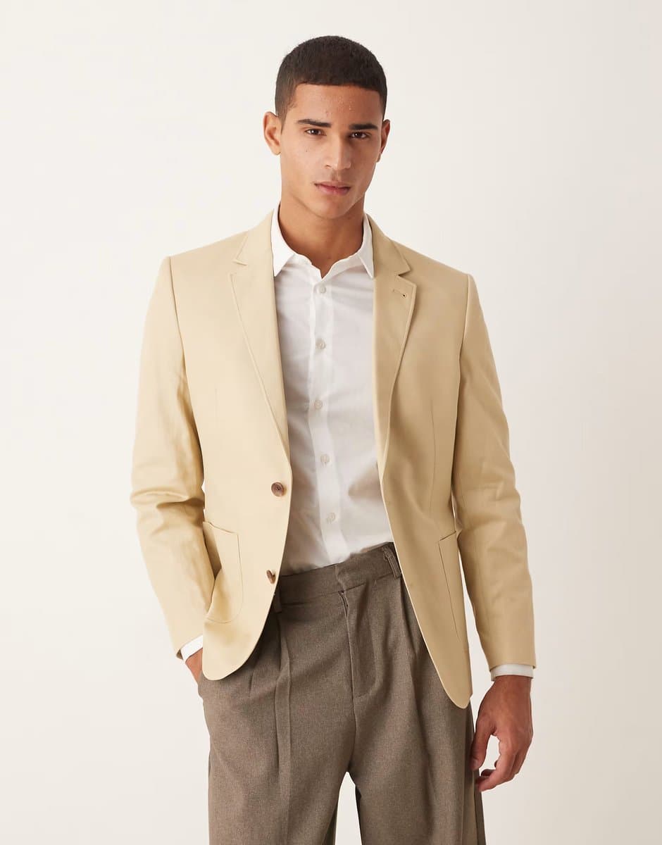 ASOS ASOS DESIGN Slim Cotton Linen Blazer in Stone