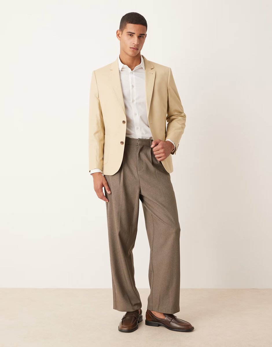 ASOS ASOS DESIGN slim cotton linen blend blazer in stone - 3