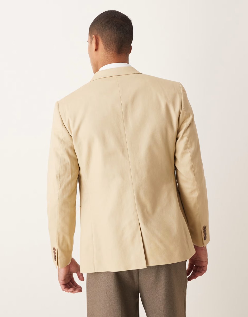 ASOS ASOS DESIGN slim cotton linen blend blazer in stone - 4