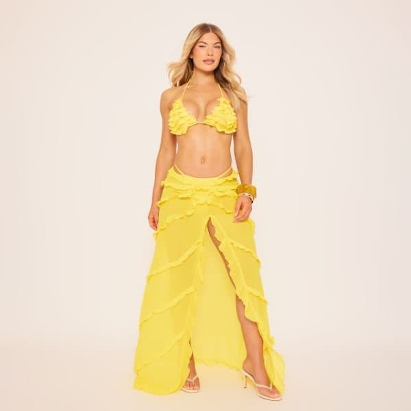 EGO Low Waist Frill Detail Maxi Beach Skirt In Yellow Mesh, Women's Size UK 6