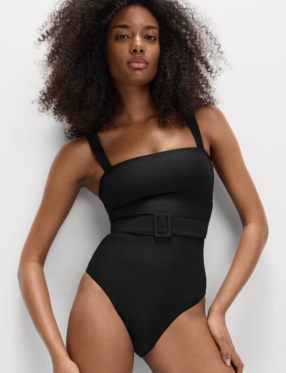 Marks & Spencer M&S Tummy Control Honey Comb Textured Belted Swimsuit Black