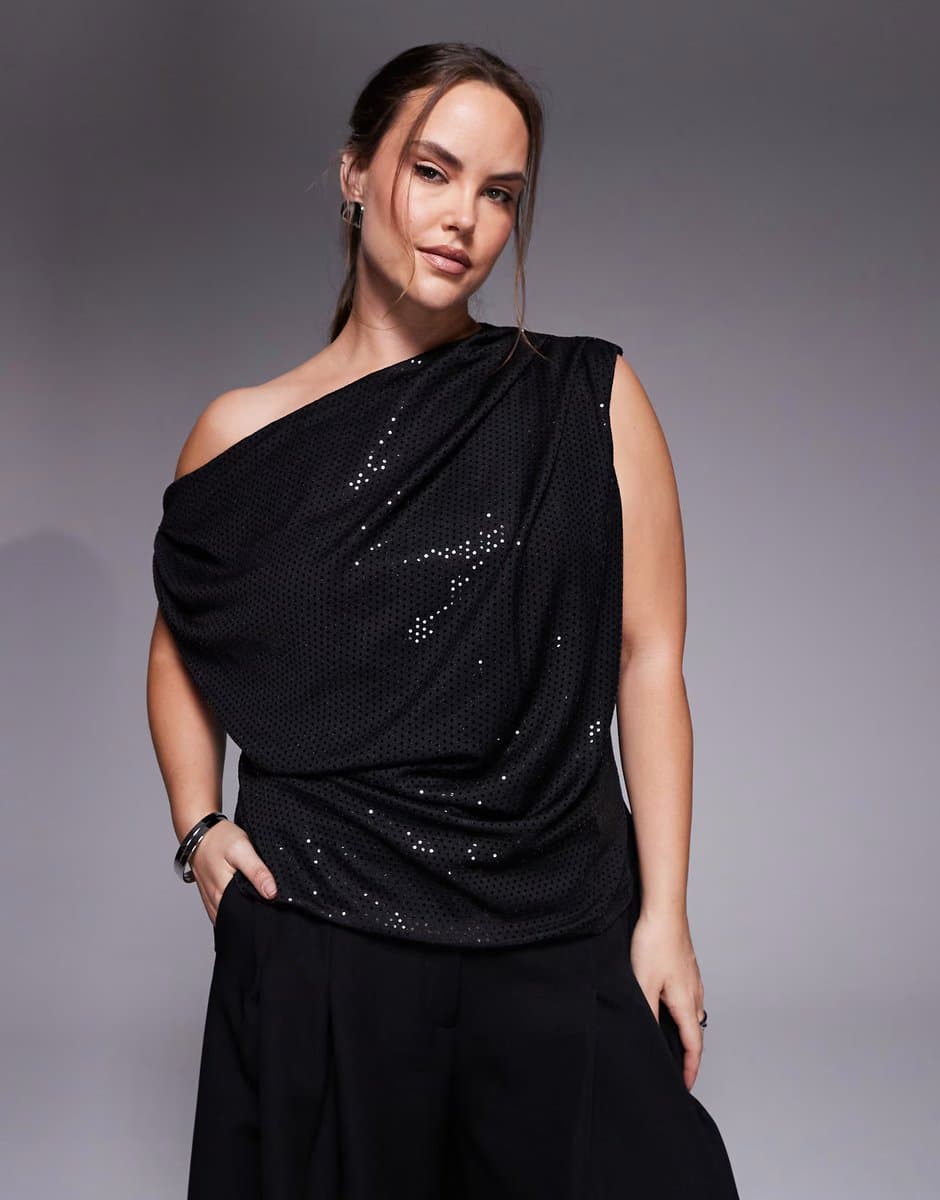 ASOS New Look Curve sequin scoop neck top in black