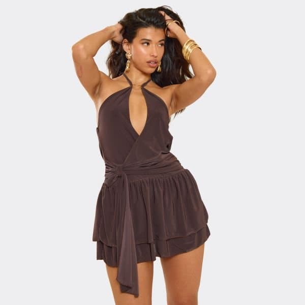 EGO Ring Halterneck Cowl Back Mini Dress In Brown Slinky, Women's Size UK 10