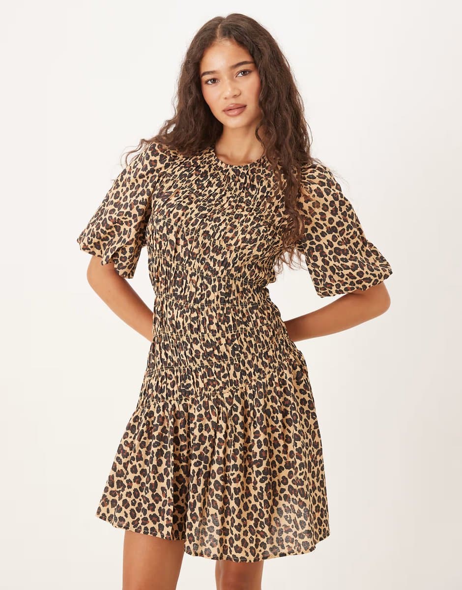 ASOS Never Fully Dressed puff sleeve pleated mini dress in leopard