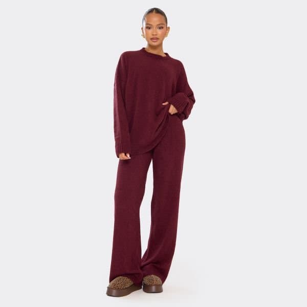 EGO Mid Rise Wide Leg Trousers In Burgundy Boucle Knit, Women's Size UK Small S