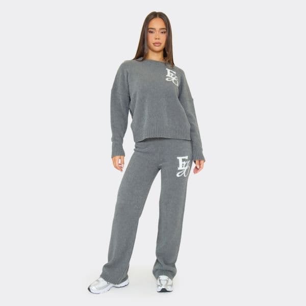 EGO Ego Graphic Mid Waist Straight Leg Trousers In Grey Knit, Women's Size UK Large L - 1