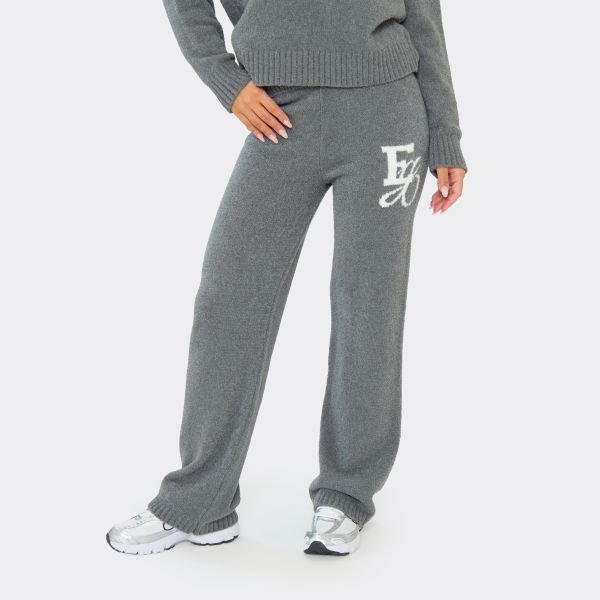 EGO Ego Graphic Mid Waist Straight Leg Trousers In Grey Knit, Women's Size UK Large L - 2