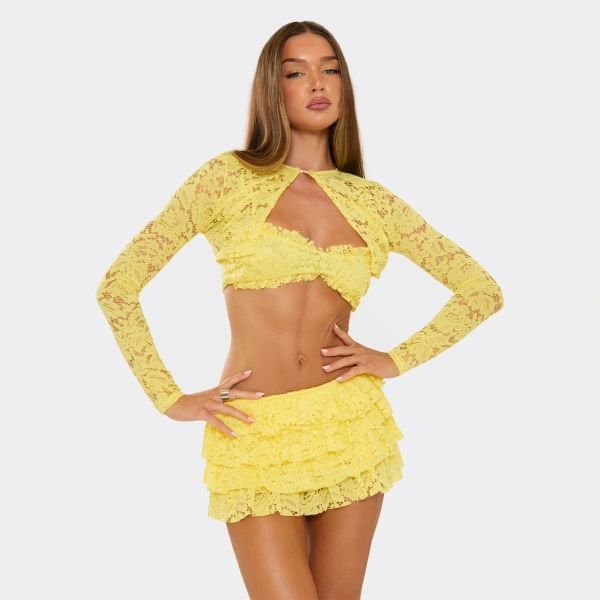 EGO Button Neck Long Sleeved Split Front Top In Yellow Lace, Women's Size UK Large L