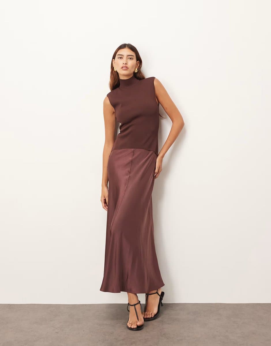 ASOS ARRANGE knit drop waist midi dress with satin skirt in chocolate