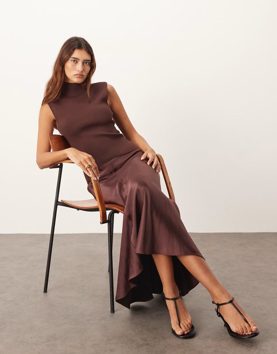 ASOS ARRANGE knit drop waist midi dress with satin skirt in chocolate - 3