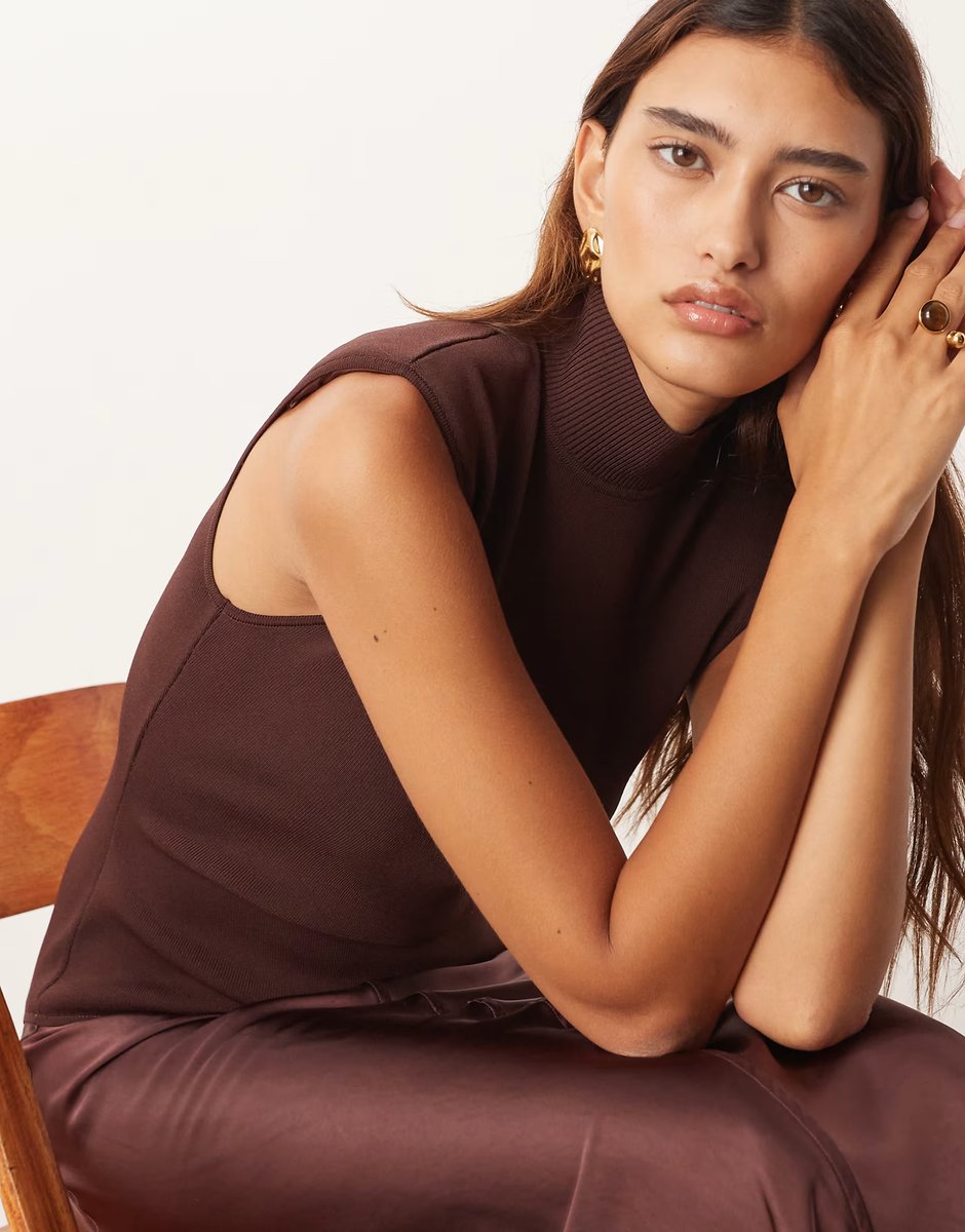 ASOS ARRANGE knit drop waist midi dress with satin skirt in chocolate - 4