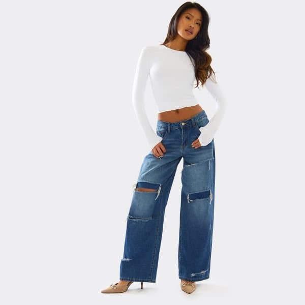EGO Mid Rise Ripped Detail Wide Leg Jeans In Mid Blue Denim, Women's Size UK 6