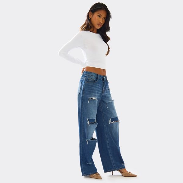 EGO Mid Rise Ripped Detail Wide Leg Jeans In Mid Blue Denim, Women's Size UK 6 - 2